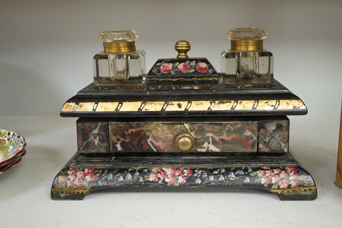 A 19th century painted black slate desk stand with two glass ink wells, 30cm wide
